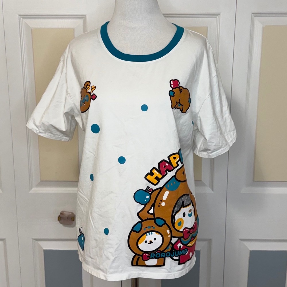 RoroJump City Adventure Long Uajen Kawaii‎ Short Sleeve White T-shirt M Rare